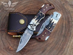 Personalized Handmade Damascus Steel Pocket Knife, Stag Horn and Rose Wood Handle