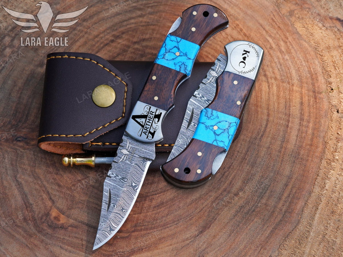 Damascus Steel Handmade Folding Knife, Turquoise and Rose Wood Handle, Everyday carry Pocket Knife