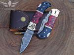 Hand Forged Damascus Steel Pocket Knife, Personalized Folding Knife, Pakka Wood and Bull Horn Handle