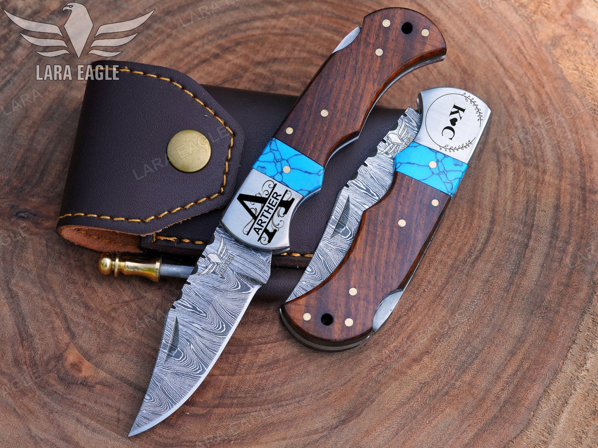 Personalized Handmade Damascus Steel Pocket Knife, Turquoise and Rose Wood Handle