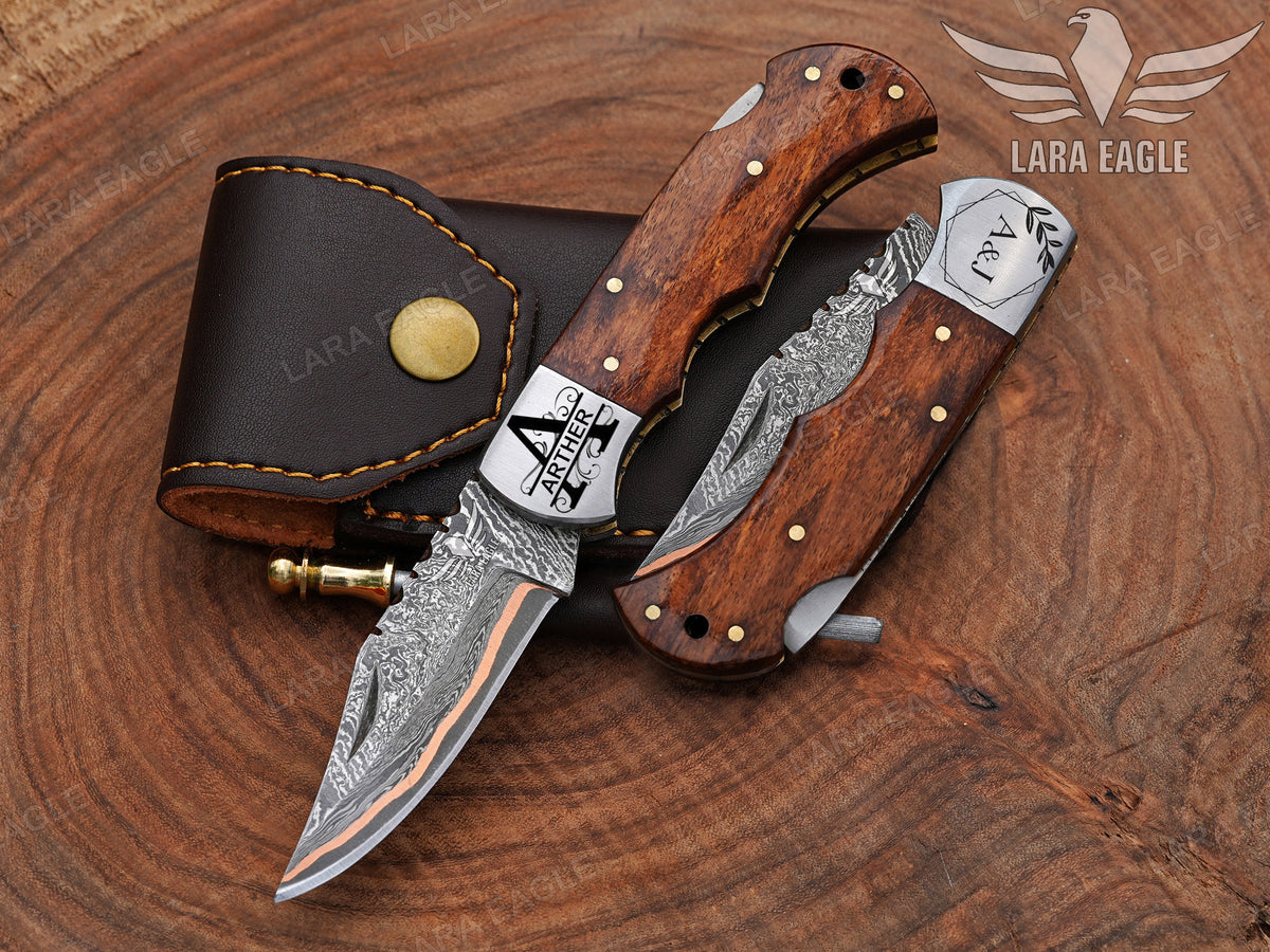 Handmade Copper Damascus Folding Knife: Personalized Gift for Him Rose Wood Handle Groomsman Gift Christmas Gifts Anniversary Gift