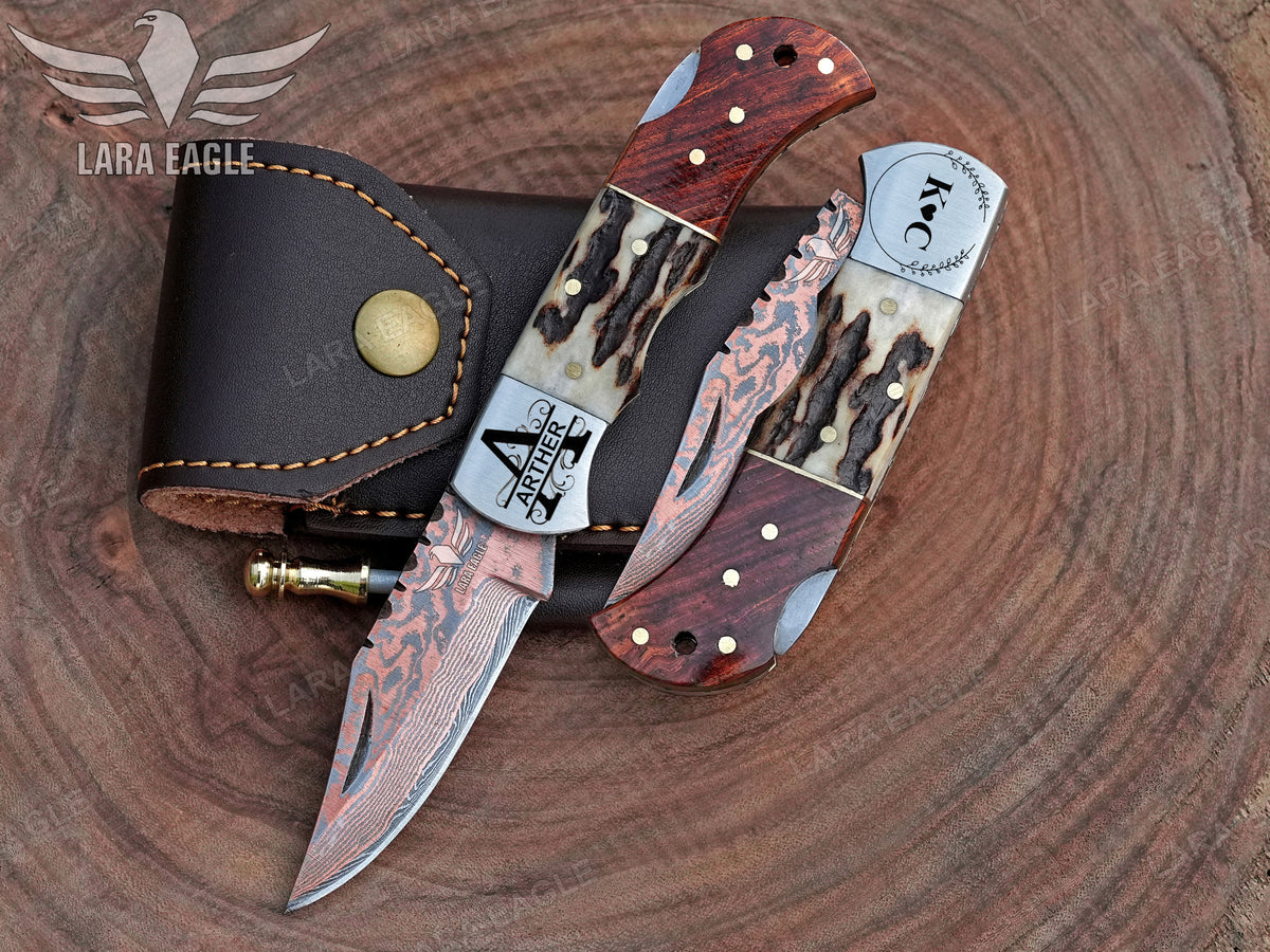 Handmade Copper Damascus Pocket Knife, Personalized Folding Knife, Stag Horn & Rose Wood Handle
