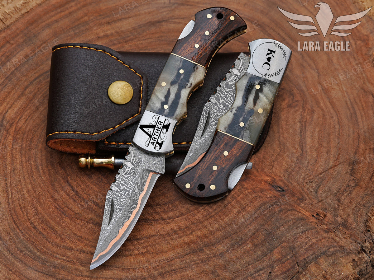 Handmade Copper Damascus Folding Knife Custom Made Pocket Knife Personalized Anniversary Gift for Him Christmas Gifts Groomsman Gift