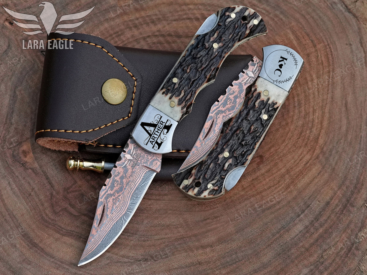 Custom Handmade Copper Damascus Pocket Knife, Personalized Folding Knife, Staghorn, Deer/Antler Handle