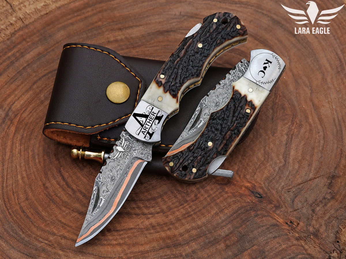 Copper Damascus Handmade Folding Knife- Personalized Stag Horn/Dear Antler handle Pocket Knife, Anniversary Gift