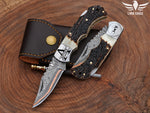 Copper Damascus Handmade Folding Knife- Personalized Stag Horn/Dear Antler handle Pocket Knife, Anniversary Gift