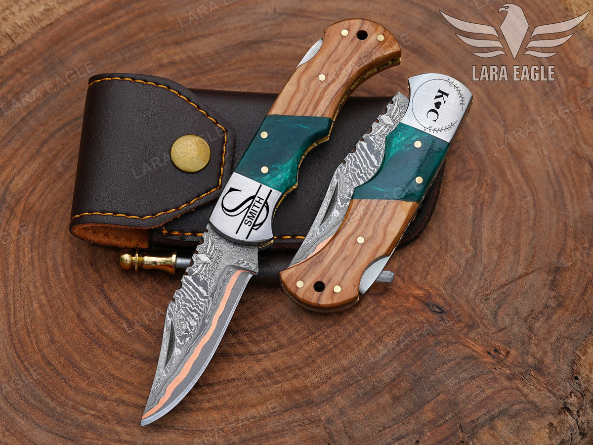 Personalized Handmade Copper Damascus Pocket Knife Olive Wood Handle Copper Forged Blade Father's Day Gift Groomsman Gift Anniversary Gift
