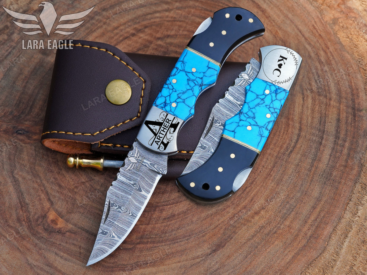 Handmade Damascus Steel Pocket Knife, Personalized Folding Knife, Turquoise and Bull Horn Handle