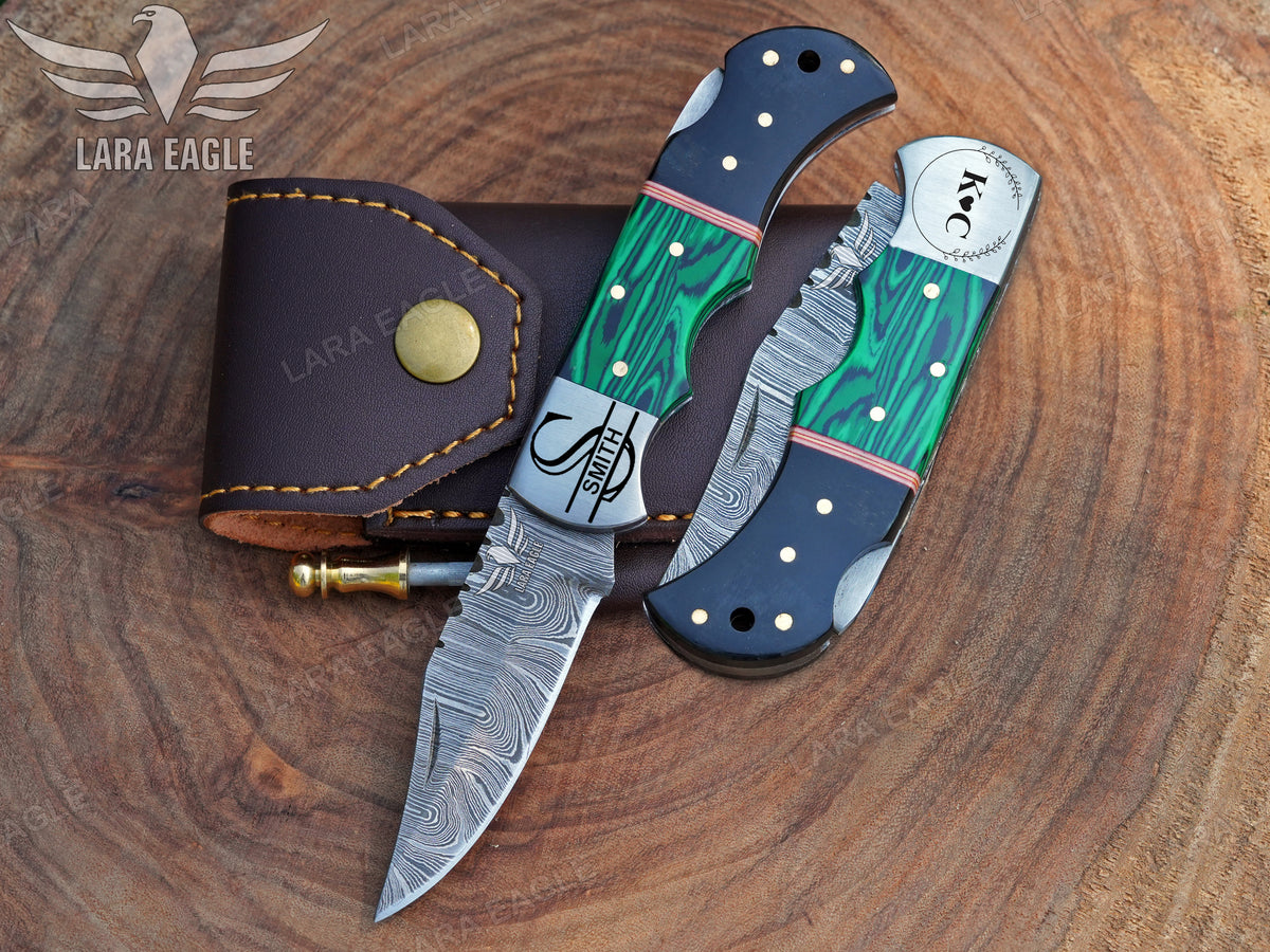Handmade Damasus Steel Folding Knife Pocket Knife, Malachite and Bull Horn Handle