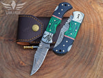 Handmade Damasus Steel Folding Knife Pocket Knife, Malachite and Bull Horn Handle