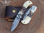 Handmade Damascus Steel Pocket Folding Knife, Stag Horn and Camel Bone Handle