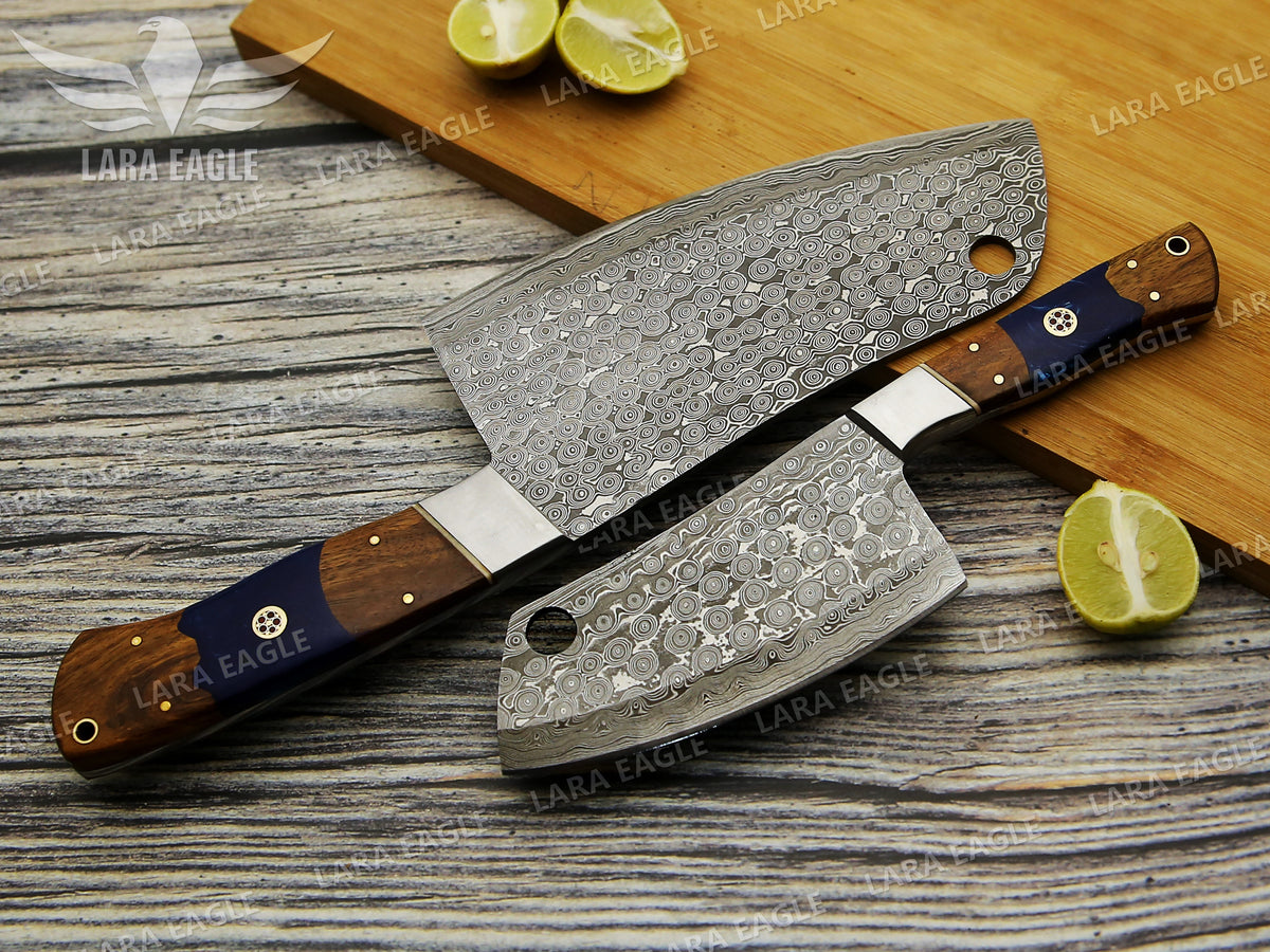 Handmade Damascus Steel Chef Cleaver Chopper Full Tang Kitchen Butcher Knife Stabilized Rose Wood & Epoxy Handle Anniversary Gift for Her
