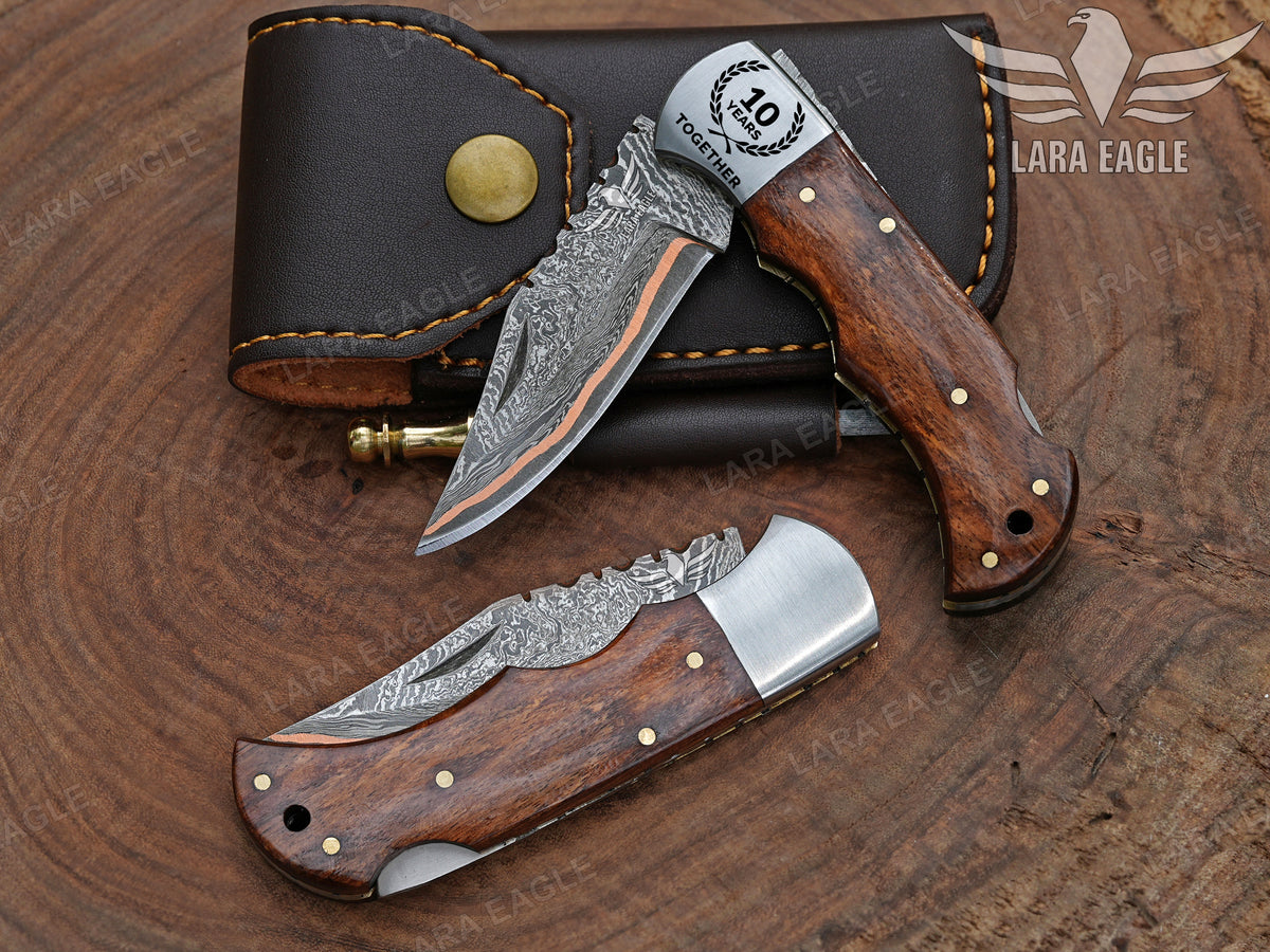 Handmade Copper Damascus Folding Knife: Personalized Gift for Him Rose Wood Handle Groomsman Gift Christmas Gifts Anniversary Gift