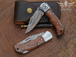 Handmade Copper Damascus Folding Knife: Personalized Gift for Him Rose Wood Handle Groomsman Gift Christmas Gifts Anniversary Gift
