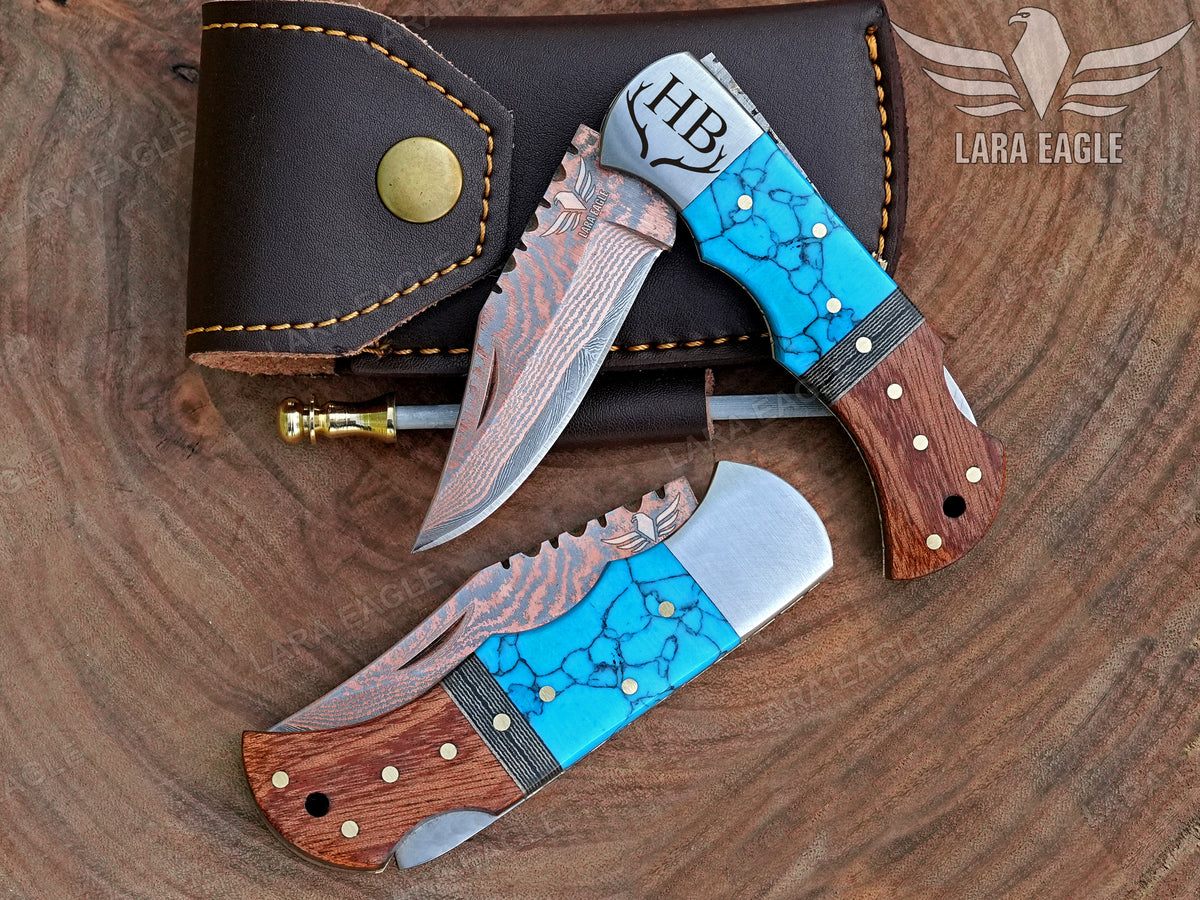 Copper Damascus Steel Handmade Folding Knife, Pocket Knife, Turquoise Gemstone & Wood Handle