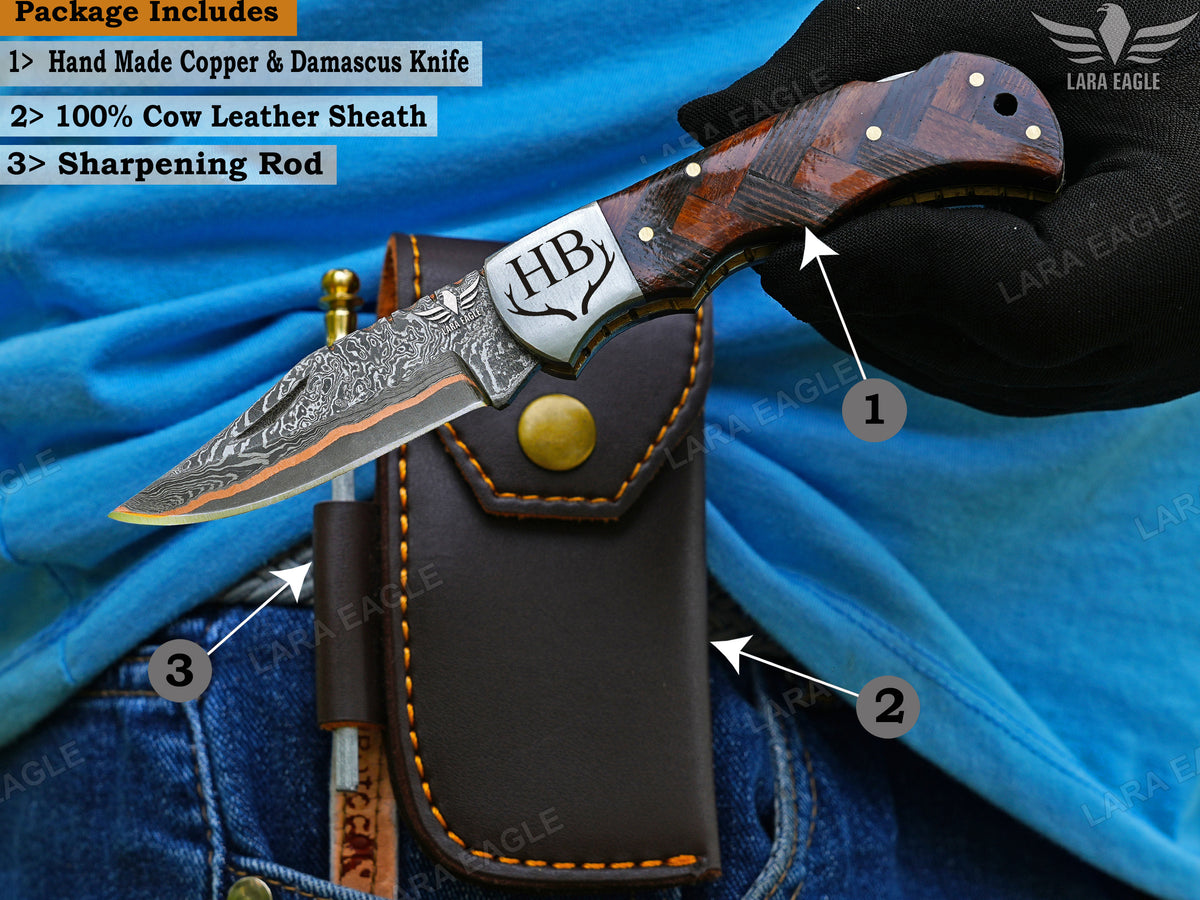 Handmade Copper Damascus Folding Knife: Wangi Wood Handle Unique Anniversary Gift For Husband Father's Day Groomsman Gift