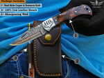 Handmade Copper Damascus Folding Knife: Wangi Wood Handle Unique Anniversary Gift For Husband Father's Day Groomsman Gift