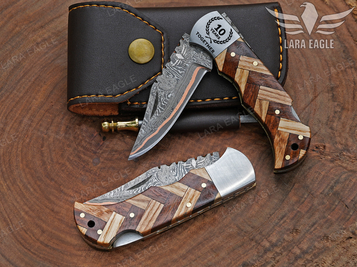 Hand Forged Copper Damascus Folding Knife - Olive Wood Handle Personalized Anniversary Gift Groomsman Gift Father's Day Gift