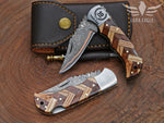 Hand Forged Copper Damascus Folding Knife - Olive Wood Handle Personalized Anniversary Gift Groomsman Gift Father's Day Gift