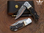 Copper Damascus Handmade Folding Knife- Personalized Stag Horn/Dear Antler handle Pocket Knife, Anniversary Gift