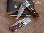 Handmade Copper Damascus Pocket Knife, Personalized Folding Knife, Stag Horn & Rose Wood Handle