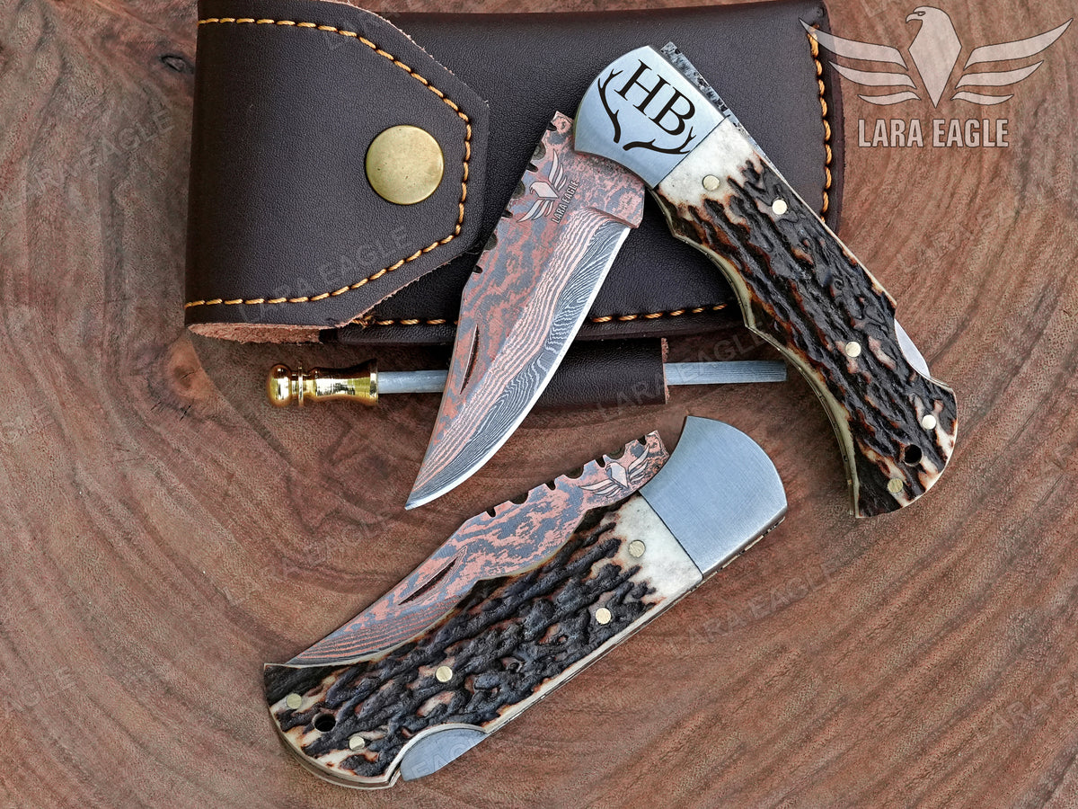 Custom Handmade Copper Damascus Pocket Knife, Personalized Folding Knife, Staghorn, Deer/Antler Handle
