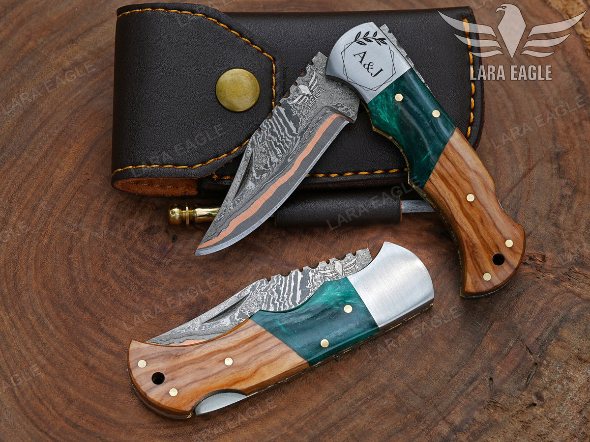 Personalized Handmade Copper Damascus Pocket Knife Olive Wood Handle Copper Forged Blade Father's Day Gift Groomsman Gift Anniversary Gift