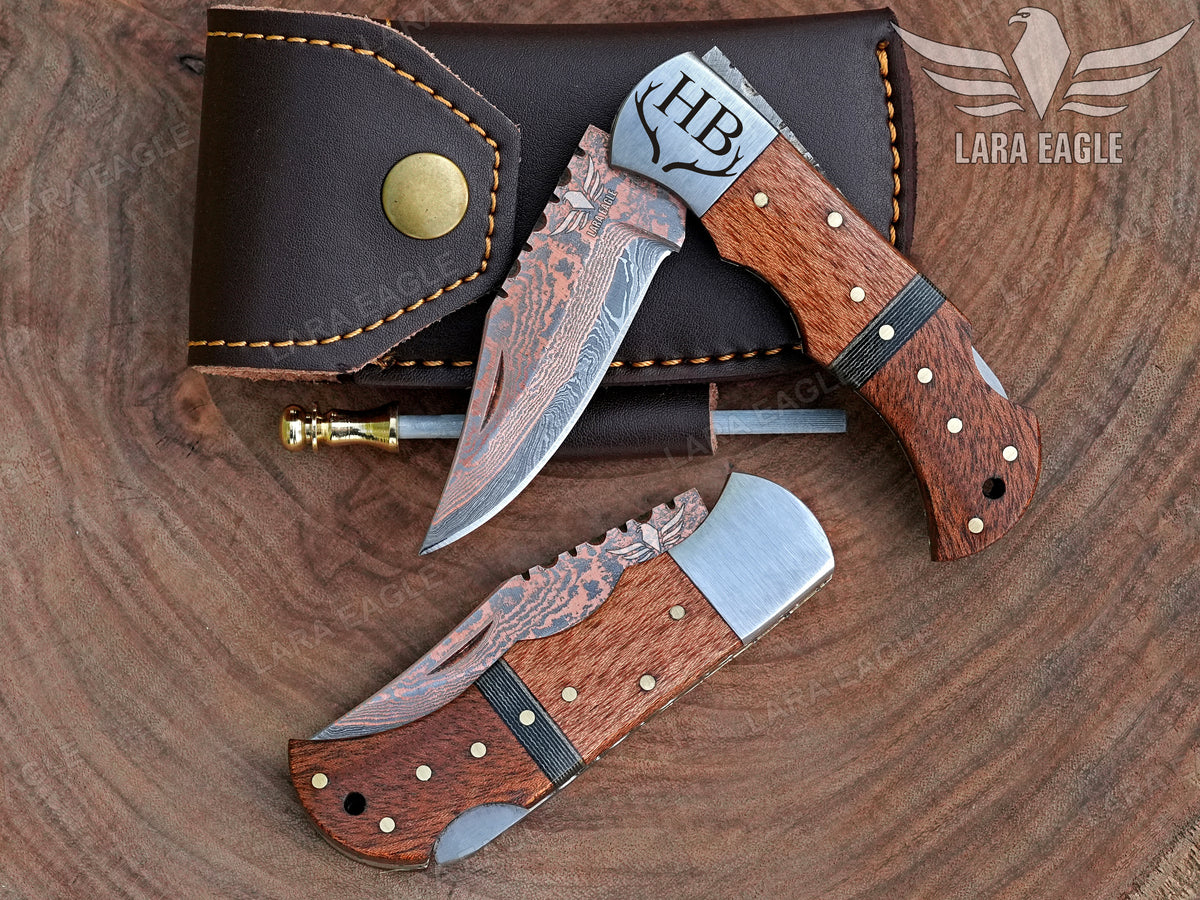 Personalized Copper Damascus Handmade Pocket Knife, Wooden Handle Folding Knife