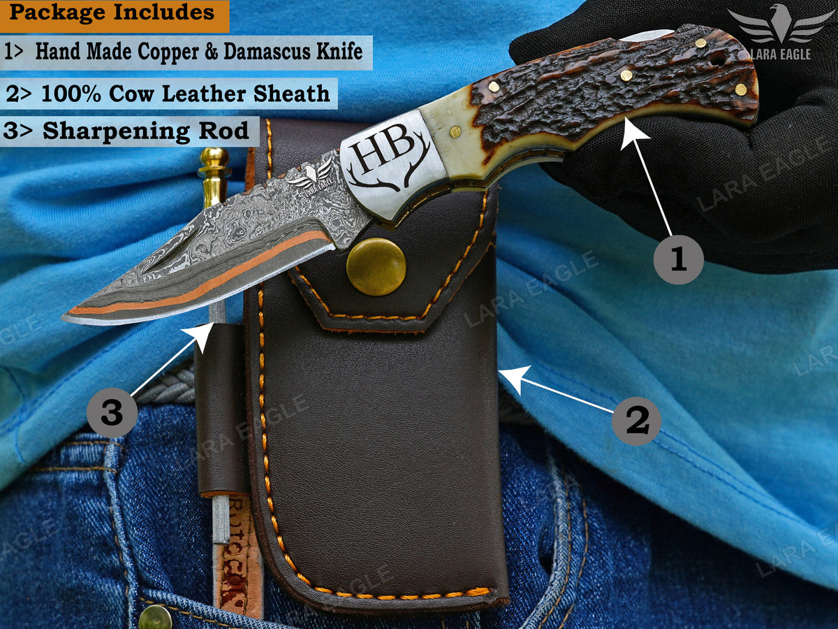 Copper Damascus Handmade Folding Knife- Personalized Stag Horn/Dear Antler handle Pocket Knife, Anniversary Gift
