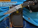Copper Damascus Handmade Folding Knife- Personalized Stag Horn/Dear Antler handle Pocket Knife, Anniversary Gift