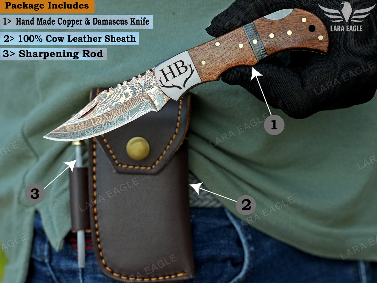 Personalized Copper Damascus Handmade Pocket Knife, Wooden Handle Folding Knife