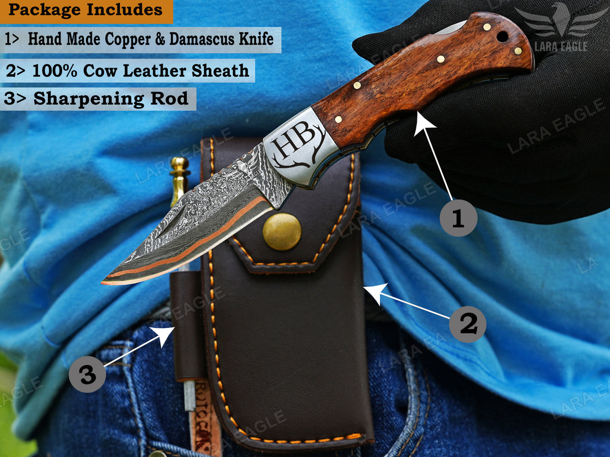 Handmade Copper Damascus Folding Knife: Personalized Gift for Him Rose Wood Handle Groomsman Gift Christmas Gifts Anniversary Gift