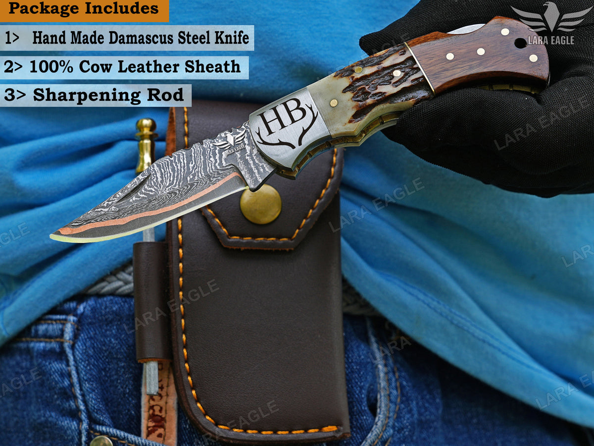 Personalized Copper Damascus Folding Knife: Handmade Anniversary Gift Christmas Gift Birthday Gift For Him