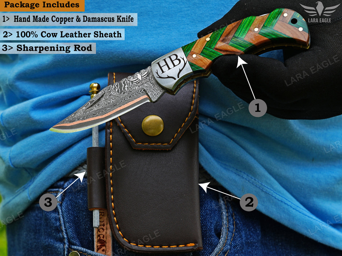 Copper Damascus Folding Knife: Personalized Handmade Pocket Knife for Him Anniversary Groomsman Gift Boyfriend Gift Christmas Gifts