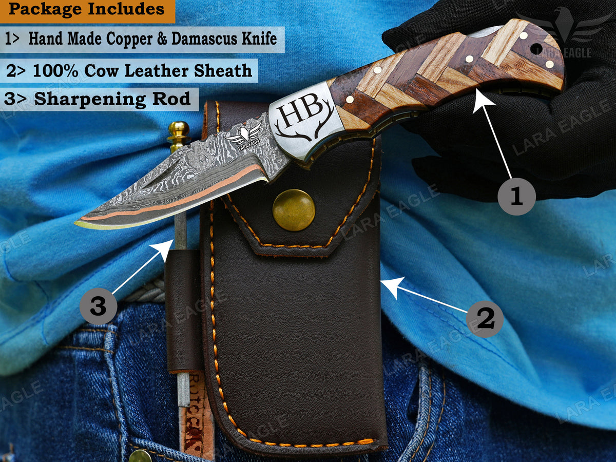 Hand Forged Copper Damascus Folding Knife - Olive Wood Handle Personalized Anniversary Gift Groomsman Gift Father's Day Gift