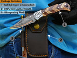 Hand Forged Copper Damascus Folding Knife - Olive Wood Handle Personalized Anniversary Gift Groomsman Gift Father's Day Gift