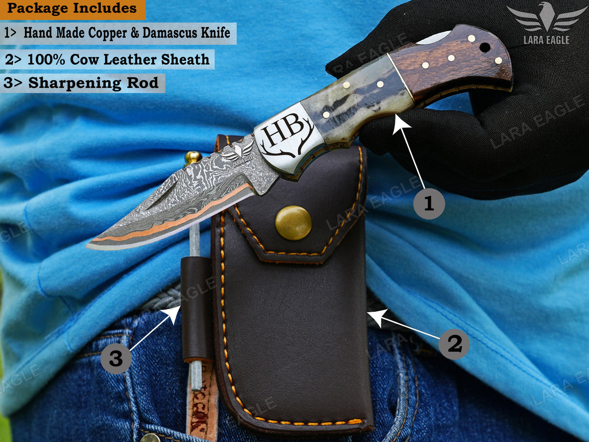Handmade Copper Damascus Folding Knife Custom Made Pocket Knife Personalized Anniversary Gift for Him Christmas Gifts Groomsman Gift