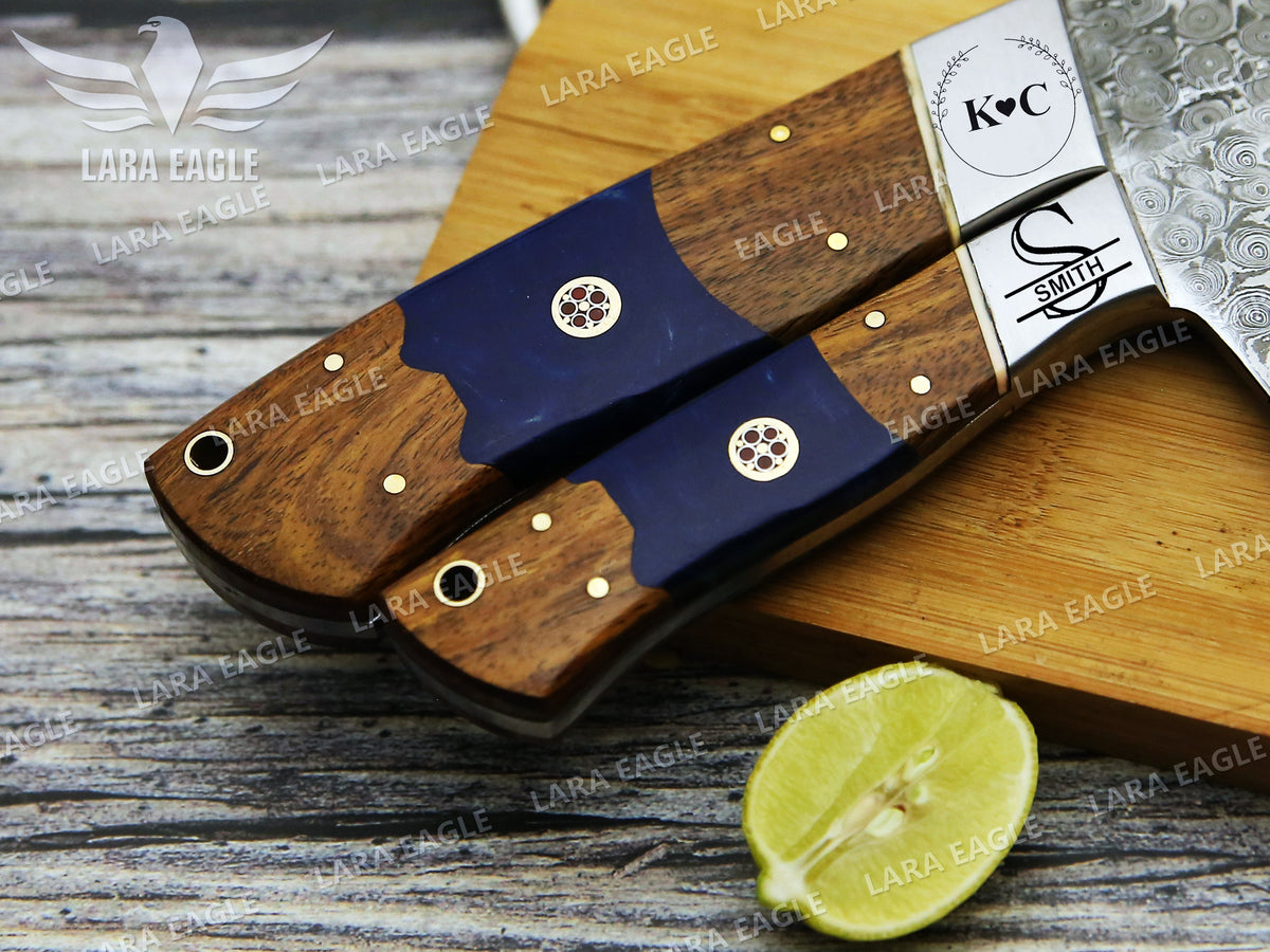 Handmade Damascus Steel Chef Cleaver Chopper Full Tang Kitchen Butcher Knife Stabilized Rose Wood & Epoxy Handle Anniversary Gift for Her