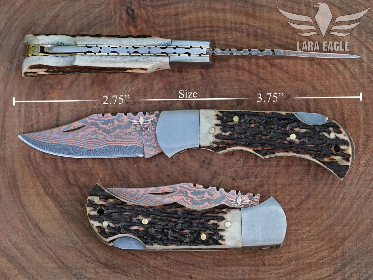 Custom Handmade Copper Damascus Pocket Knife, Personalized Folding Knife, Staghorn, Deer/Antler Handle