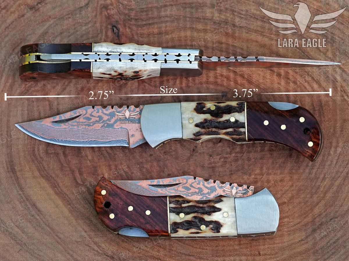 Handmade Copper Damascus Pocket Knife, Personalized Folding Knife, Stag Horn & Rose Wood Handle
