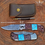 Damascus Steel Handmade Folding Knife, Turquoise and Rose Wood Handle, Everyday carry Pocket Knife