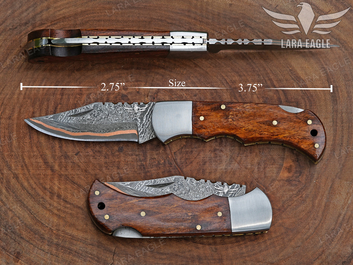 Handmade Copper Damascus Folding Knife: Personalized Gift for Him Rose Wood Handle Groomsman Gift Christmas Gifts Anniversary Gift