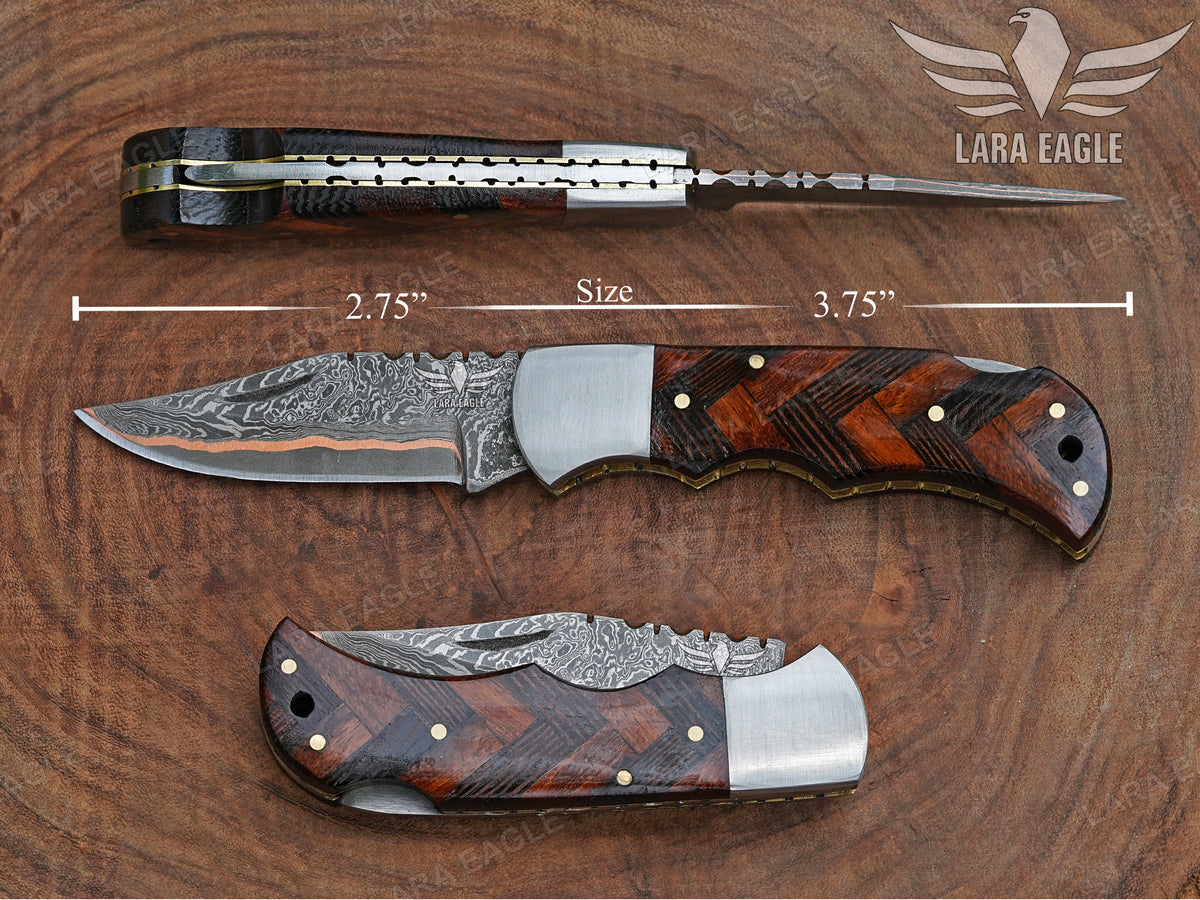 Handmade Copper Damascus Folding Knife: Wangi Wood Handle Unique Anniversary Gift For Husband Father's Day Groomsman Gift