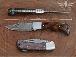 Handmade Copper Damascus Folding Knife: Wangi Wood Handle Unique Anniversary Gift For Husband Father's Day Groomsman Gift