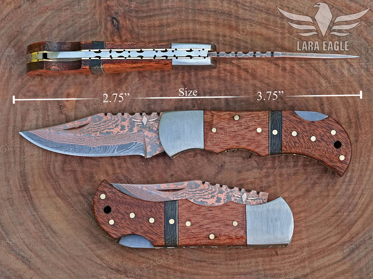 Personalized Copper Damascus Handmade Pocket Knife, Wooden Handle Folding Knife