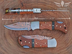 Personalized Copper Damascus Handmade Pocket Knife, Wooden Handle Folding Knife