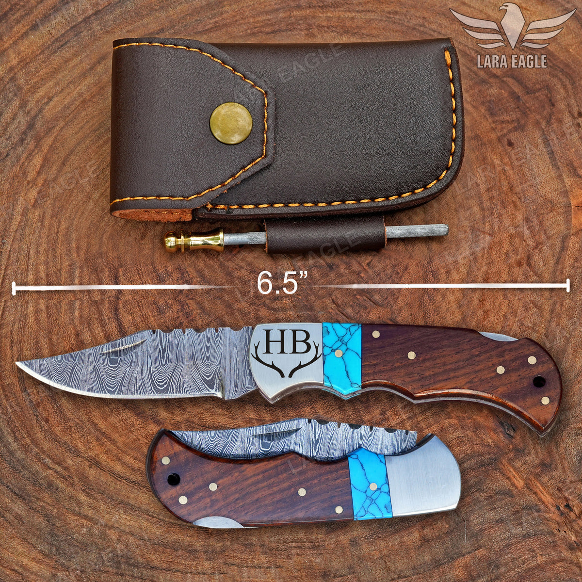 Personalized Handmade Damascus Steel Pocket Knife, Turquoise and Rose Wood Handle