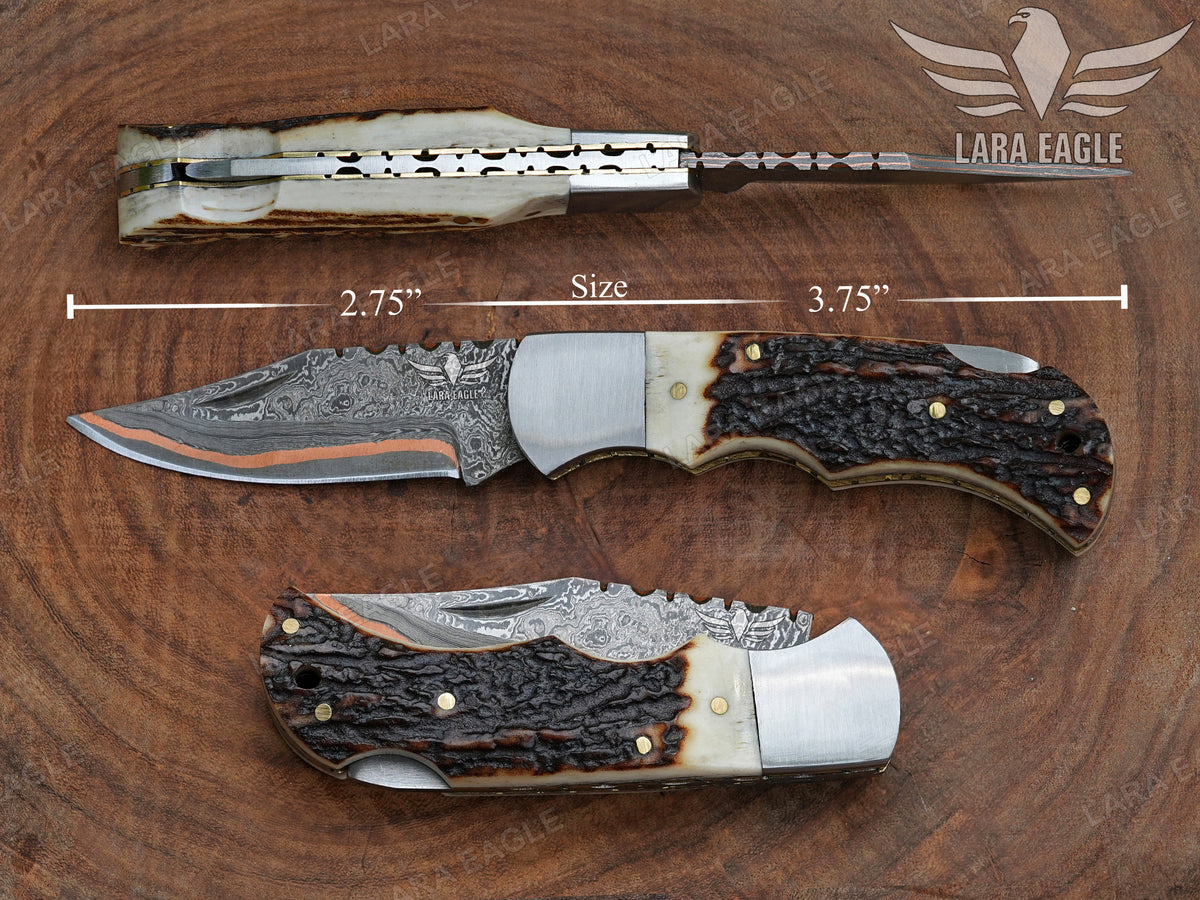 Copper Damascus Handmade Folding Knife- Personalized Stag Horn/Dear Antler handle Pocket Knife, Anniversary Gift