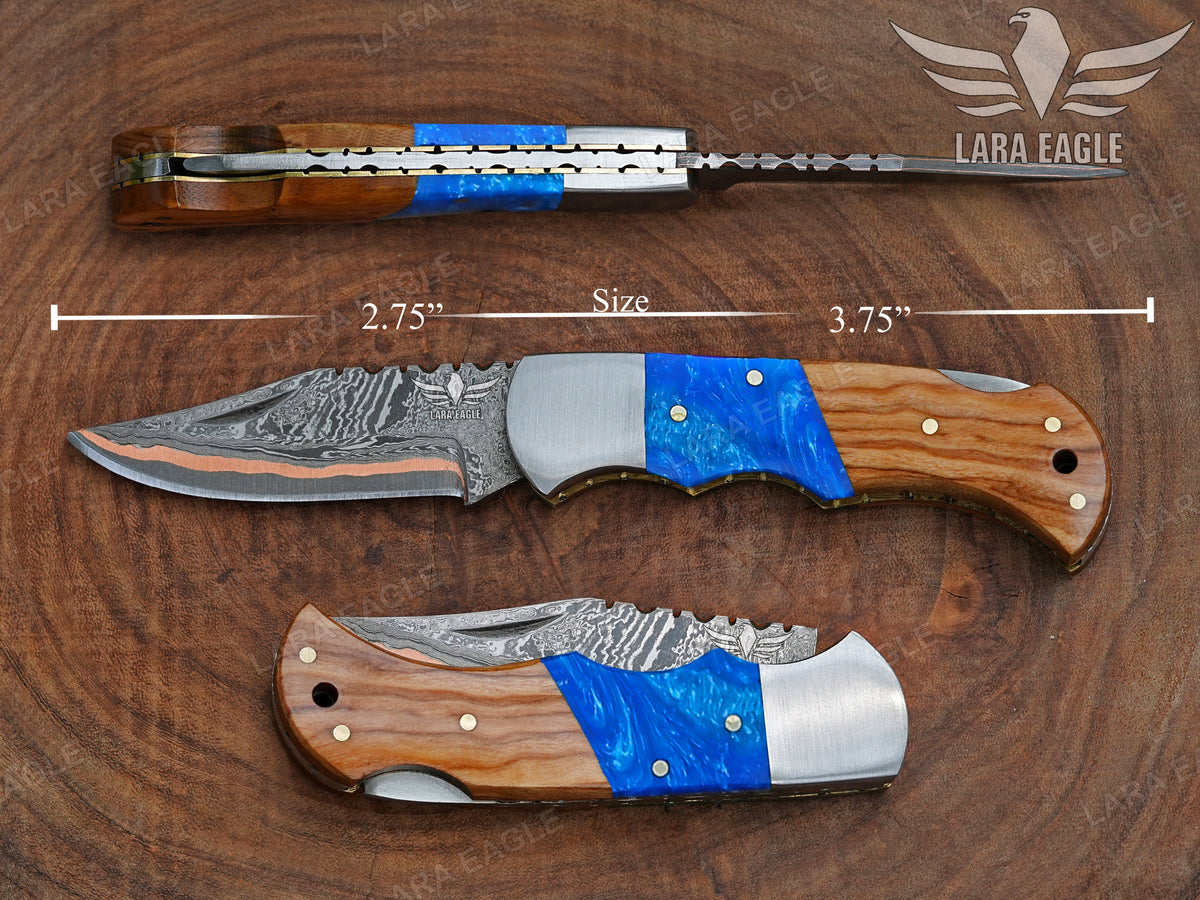 Handmade Copper Damascus Pocket Knife Personalized Folding Knife Groomsman Knife Anniversary Gift for Him Christmas Gift
