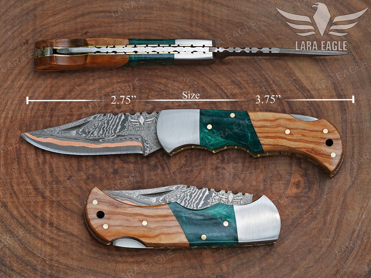 Personalized Handmade Copper Damascus Pocket Knife Olive Wood Handle Copper Forged Blade Father's Day Gift Groomsman Gift Anniversary Gift
